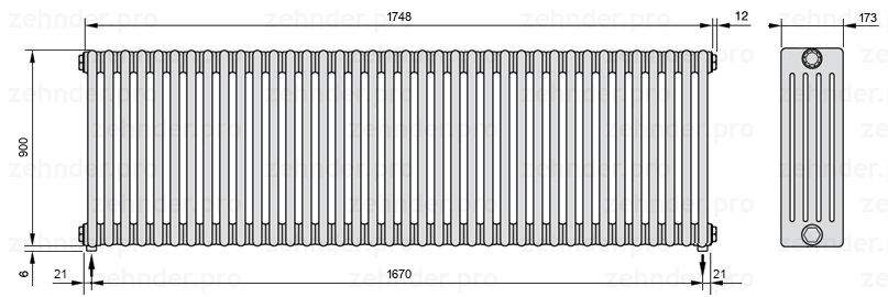 Схема (чертеж) Радиатор Zehnder Charleston 5090/38 №5310 Белый глянцевый RAL 9016